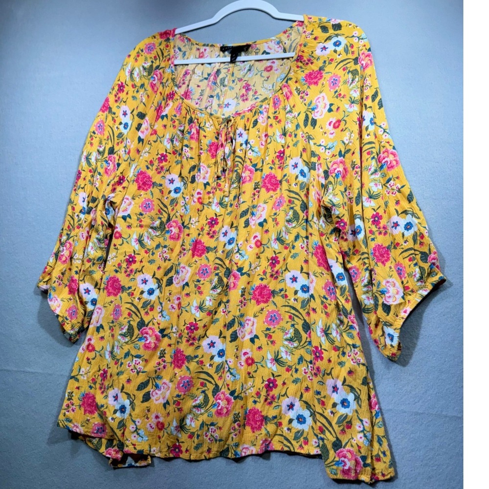 Lane Bryant Yellow Floral Peasant Top Boho Tie Neck Blouse Plus Size 24